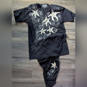 Vintage Black Starfish Graphic T-Shirt and Pants Set